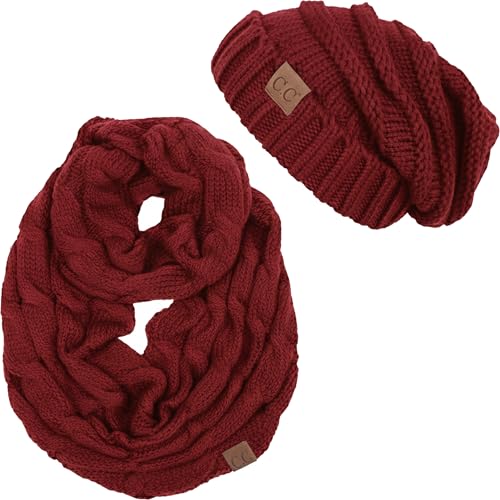 Funky Junque Slouchy Beanie & Infinity Scarf Gift Set – Matching Winter Accessories Sets for Women, Oversized Hat and Scarves - color: Burgundy