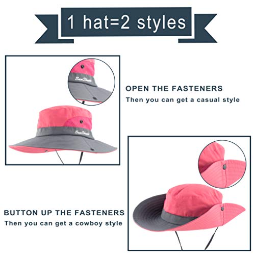 Muryobao Women's Ponytail Sun Hat UV Protection Foldable Mesh Wide Brim Beach Fishing Hat - color: Watermelon Red