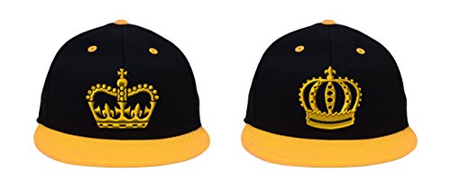 King & Queen Crowns, Perfect Couple, Fine Finished Embroidery (2 Snapback Hats) - color: Black-yellow Brim