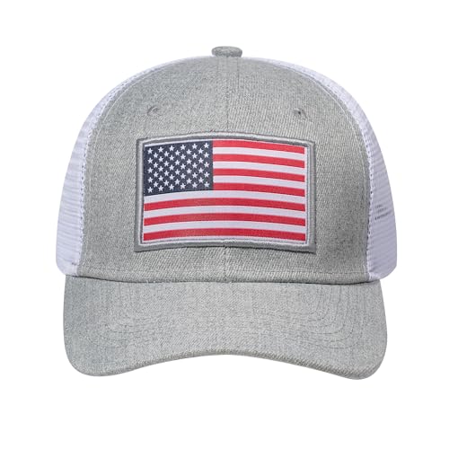 American Flag Trucker Hat, Patriotic Baseball Cap for Men & Women, Breathable Mesh Adjustable Snapback, USA Flag Patch - color: Heather/White