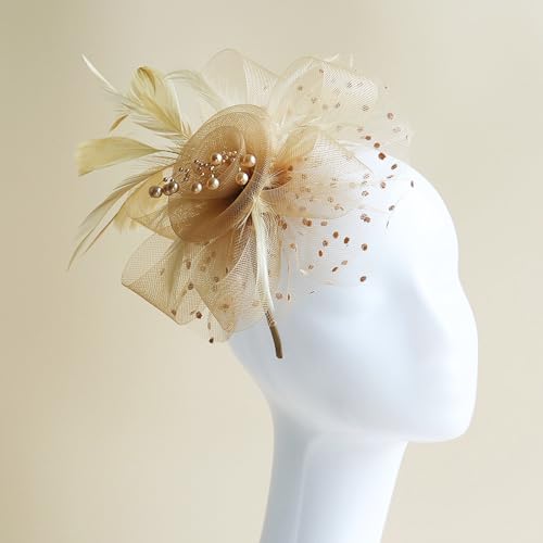 WLBON Fascinators Hat 20s 50s Headband Hair Clips Flower Mesh Veil Feather Headpiece Headwear Women Halloween Carnival Cocktail Wedding Church Cosplay Dress Up Birthday Tea Party Accessories Khaki - color: Khaki