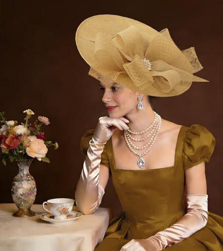 Kgromfy Women's Wide Brim Fascinator Hat Tea Party Headband Large Vintage Church Hat Lady Headwear for Derby Wedding Cocktail - color: Khaki
