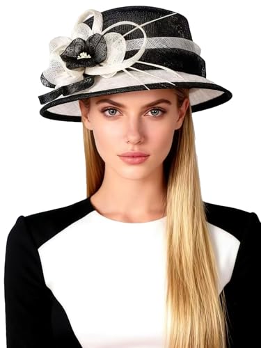 HIMESPORT Retro Sinamay Veil Flower Bride Wedding Fascinator Hat Feather Bowler Hat Hair Accessory Banquet Cocktail Party - color: Black White