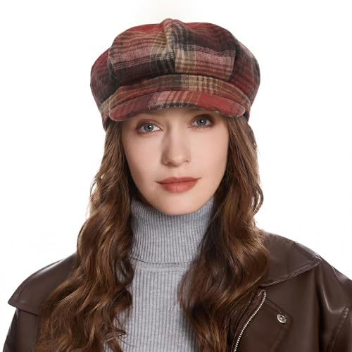 ZLYC Women Classic Newsboy Cap Visor 8 Panel Gatsby Cabbie Paperboy Hat - color: Plaid Burgundy and Brown