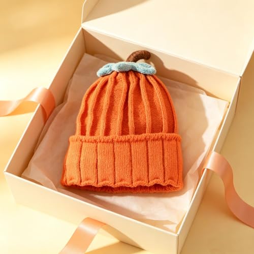 4 Pcs Pumpkin Knitted Beanie Hat Halloween Thanksgiving Pumpkin Costume Beret Hat Autumn Fall Cute Winter Warm Soft Cap for Women Orange