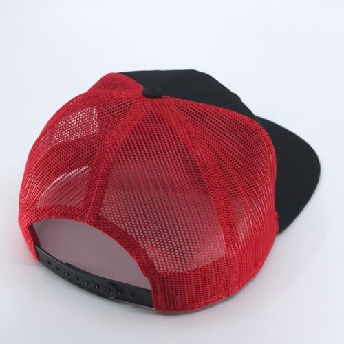 Plain Cotton Twill Flat Brim Mesh Adjustable Snapback Trucker Baseball Cap - color: Black/Black/Red