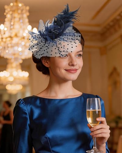 Zinniday Victoria Fascinators Hats for Women - 2026 Kentucky Feather Mesh Derby Hat 1920s Tea Party Headwear for Church - color: Navy Blue