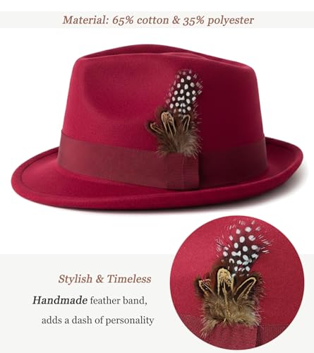 Lisianthus Short Brim Fedora Unisex Trilby Hat with Feather Band - color: Wine Red