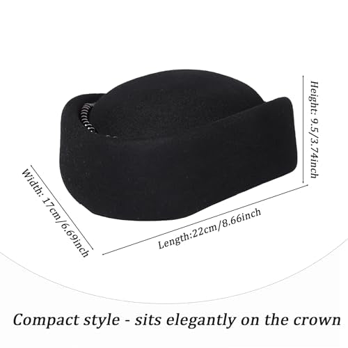 Vintage Wool Felt Pill Box Hat for Women, 1960s Style Formal Fascinator Church Wedding Cocktail Derby Hat - color: Black With Pearl