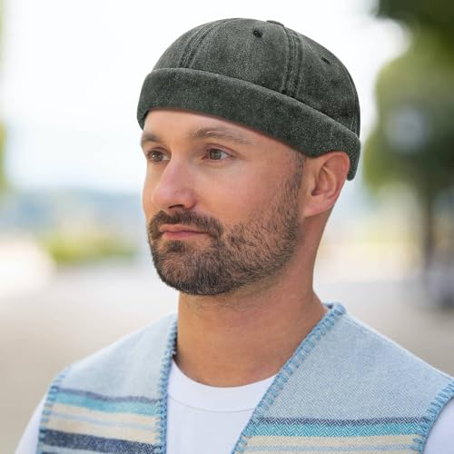 Initlove Docker Hat for Men Vintage Brimless Sailor Hat Beanie Cap - color: Green + Khaki