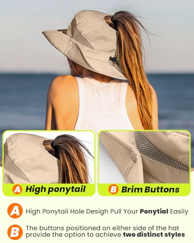 EW EastWater Beach Sun Bucket Hats for Women,UV Protection High Ponytail Hole UPF 50+ Waterproof for Hiking Safari Fishing - color: Khaki