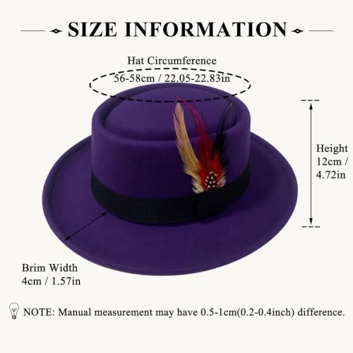 Classic Pork Pie Hat with Feathers Flat Top Fedora, Vintage Panama Hats, Warm Comfortable Jazz Cap - color: Deeppurple