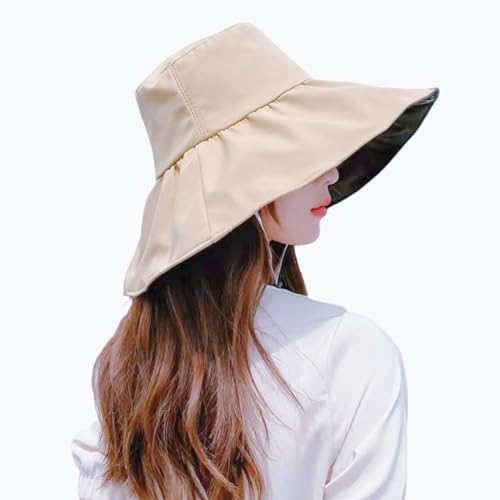 Women Summer Rain UV UPF 50 Sun Protection Wide Brim Hat - Foldable Bucket Sun Hat - color: Khaki