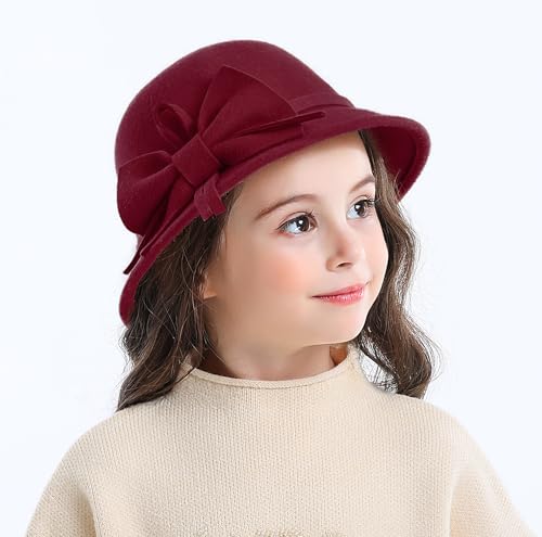 Bienvenu Kids Girls Winter Warm 100% Wool Bucket Hats Fedoras with Bowknot - color: Burgundy