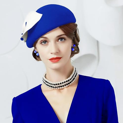 ORIDOOR Women Vintage 100% Wool Felt Flowers Bucket Cloche Bowler Hat Church Wedding Beret Hat - color: 013 Blue