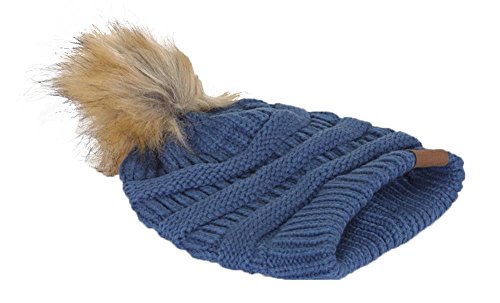 Gravity Threads Cable Knit Faux Fur Pom Pom Beanie Hat - color: Dark Denim