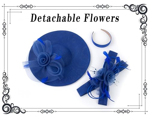 dressfan Wide Brim Fascinator Derby Hats for Women,20s Detachable Flower Hat with Headband for Derby Church Wedding Tea Party - color: Royal Blue