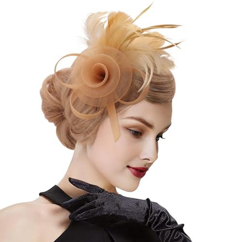 DRESHOW Fascinators Hats for Women Tulle Feather Tea Party Fascinator Hats - color: Dark Gold
