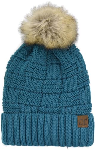 C.C Knit Beanie Hat – Fuzzy Fleece Lined Warm Winter Hat, Faux Fur Pom Soft Stretchy Slouchy Knit Cap, Cold Weather Beanie - color: Teal Blue