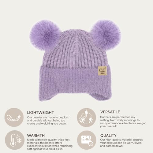 C.C Kids Ear Flap Fur Pom Beanie for Boys Girls - Comfortable Soft Warm Children Youth Knit Skully Hat with Faux Fur Pom - color: Double Pom - Lavender