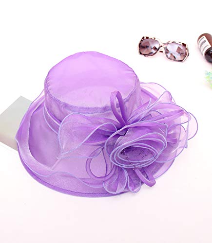 Women's Kentucky Derby Church Dress Hat Wide Brim Leaf Flower Bridal Shower Hat - color: F4 Purple