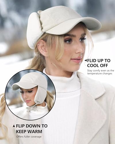 GADIEMKENSD Winter Trapper Hat with Ear Warmer Flaps Corduroy Baseball Cap for Men and Women - color: Beige