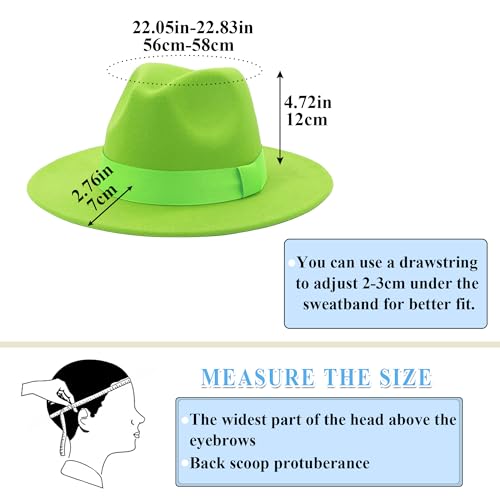 Men's Women's Wide Brim Fedora Hats with Ribbon Panama Felt Cap, British Style Vintage Flat Brimmed Jazz Hat - color: Lime Green