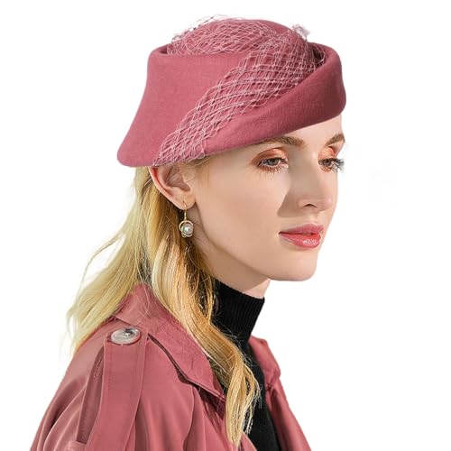 Small Top Hats for Women Elegant Winter Vintage Beret Wool Felt Fedoras Ladies Luxury Wedding and Church Cap Female - color: Rose Red 1
