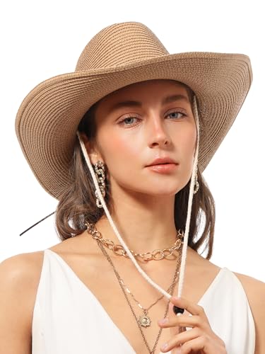 Straw Cowboy Sun Hat Western Cowgirl Women Men with Windproof Chin Strap - color: 카키