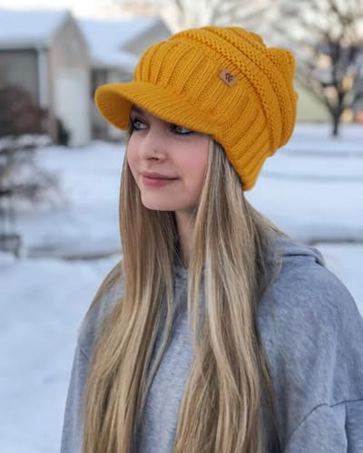 Women Men Winter Beanie Hat with Visor, Warm Fleece Lined Beanie Cap, Thick Knit Cap Slouchy Hat with Brim - color: Mustard