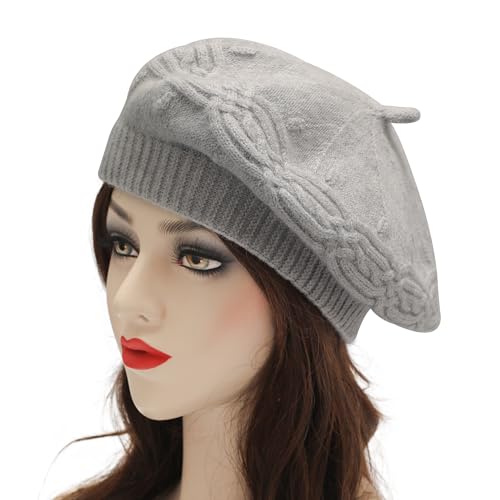 ZLYC Women French Beret Hat Reversible Solid Color Knit Warm Artist Cap - color: Cable Knit Gray