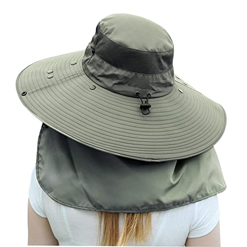 Women Wide Brim Face Mask Sun Hat Detachable Neck Face Flap Ponytail UV Protection Visor Hat Garden Fishing Hiking - color: Hyp008-armygreen
