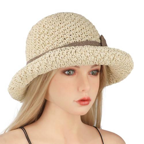 Women Wide Brim Floppy Straw Hats Beach Sun Hat Summer Cap with Bowknot UV Hat Sunhats Cloche Hat Strap Adjustable - color: Beige