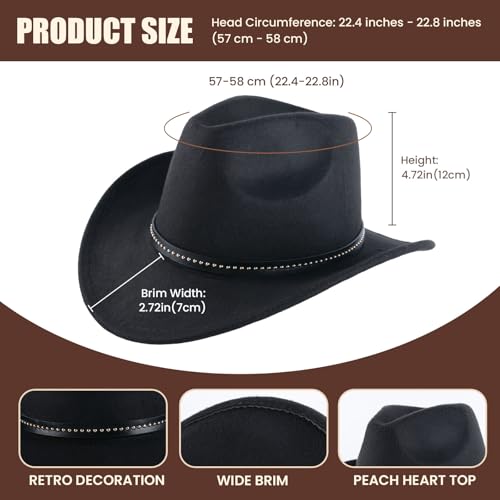 Vintage Western Cowboy Hat, Wide Brim Cowboy Hat with Braided Rope for Men and Women, Fashion Cowboy Accessories, Size:M, Black (Black-Rivet Belt)