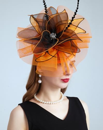 Women Organza Derby Hat Fascinator Tea Party Wedding Church Derby Hat Fascinator Hats Dual-use - color: 02a Orange