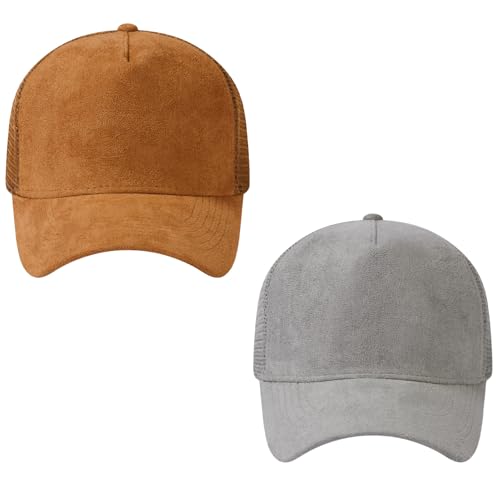 Suede Curved Brim Trucker Cap Adjustable Snapback Hat Mesh Back Breathable for Men Women 2 Pack SH03 - color: Pack of 2, Brown & Light Grey