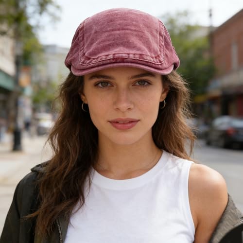 Denim Newsboy Cap for Unisex Adjustable Cotton - color: Wine Red