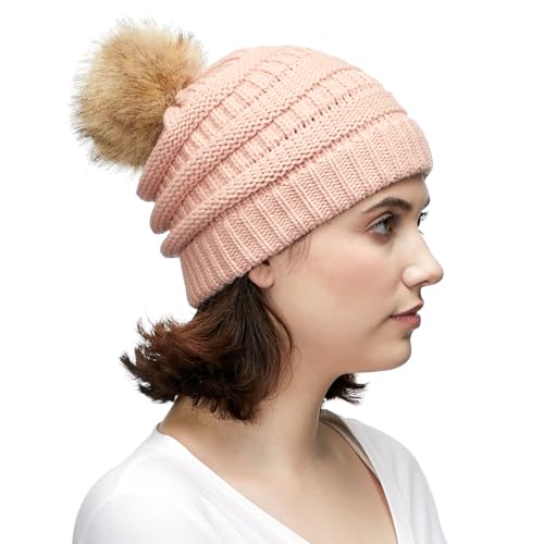 C.C Fur Pom Winter Fall Trendy Chunky Stretchy Cable Knit Beanie Hat - color: Solid Indi Pink
