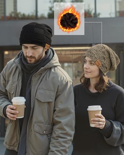 Senker Fashion 2 Pcs Winter Slouchy Beanie Hats for Men, Warm Mens Beanies - color: Black Brown