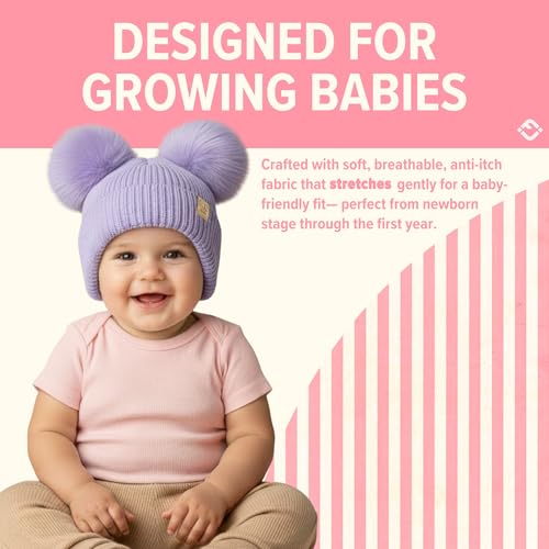 Funky Junque Double Pom Pom Baby Beanie – Newborn Girl Winter Hat 0–12 Months, Cute Cozy Knit Infant Beanies for Cold Weather - color: Lavender - Ear Flap W/ Double Faux Fur Pom