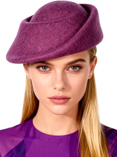Small Top Hats for Women Elegant Winter Vintage Beret Wool Felt Fedoras Ladies Luxury Wedding and Church Cap Female - color: Purple