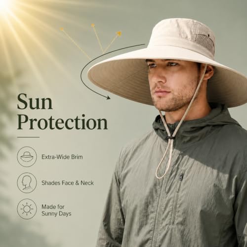 Wide Brim Sun Hat for Men Women UV Protection Bucket Fishing Hats - color: Beige Solid