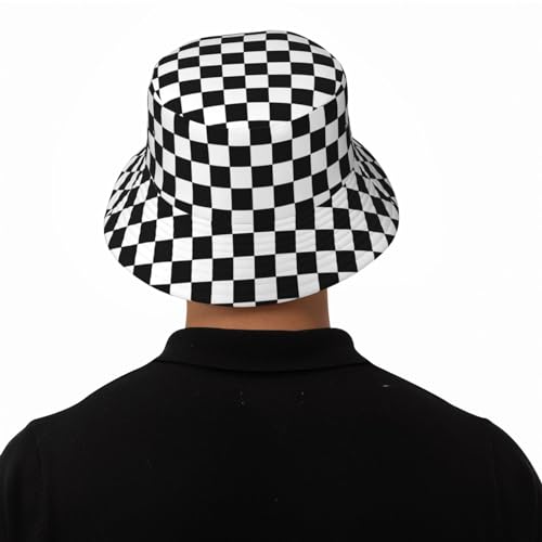 Bucket Hat for Men Women,Packable Printed Fashion Sun Hats,Fisherman Outdoor Summer Travel Hiking Beach Caps - color: Black and White Plaid