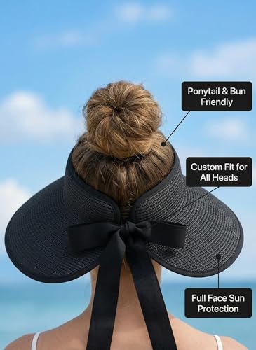 Sun Visor Hat for Women Wide Brim Ponytail Straw Hat UV UPF Summer Beach Vacation Packable Foldable Travel - color: Black