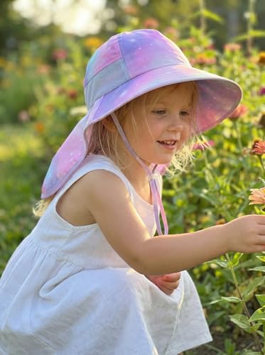 icolor Kids Sun Hat UPF50+ Sun Protection Bucket Hat Toddler Summer Beach Play Hats with Neck Flap for Girl Boy Ages 3~10 - color: Pinkstarry