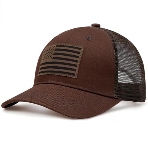 American Flag Trucker Hat - Snapback Hats for Men Women Baseball Cap - Breathable Mesh & Adjustable Fit for Casual Wear - color: Coffee
