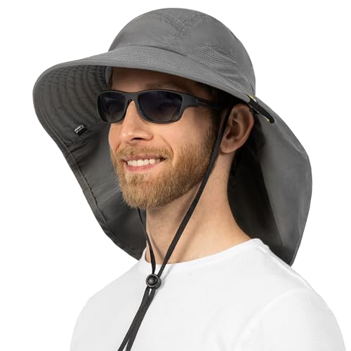 SUN CUBE Wide Brim Sun Hat with Neck Flap for Men Women, UPF50+ Fishing - color: Gray
