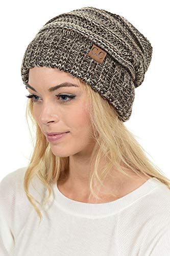 C.C Hat-100 Oversized Baggy Slouch Thick Warm Cap Hat Skully Cable Knit Beanie - color: Brown Mix