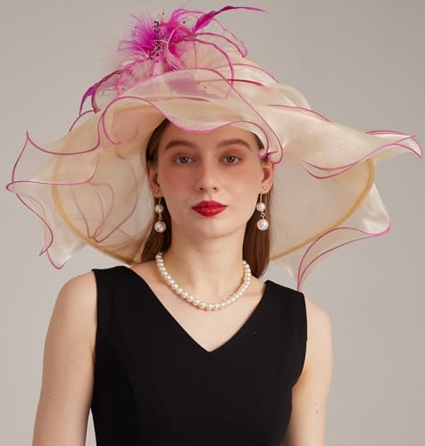Women Derby Church Hat Organza Flower Wedding Tea Party Fascinator Wide Brim Sun Hat - color: 16-beige