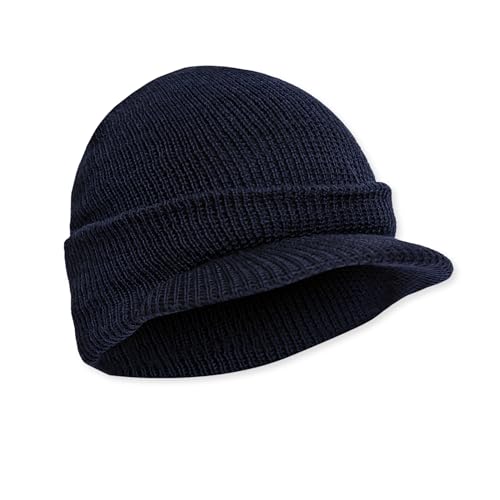 M MCGUIRE GEAR Genuine G.I. Winter Beanie Cap with Visor, 100% Wool Fitted Cap, Made in USA - color: Navy